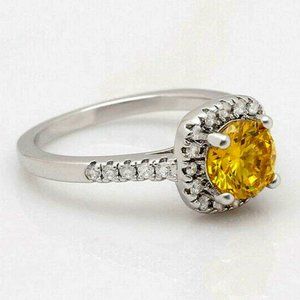 Silver Tone Princess Cut Citrine Engagement Ring